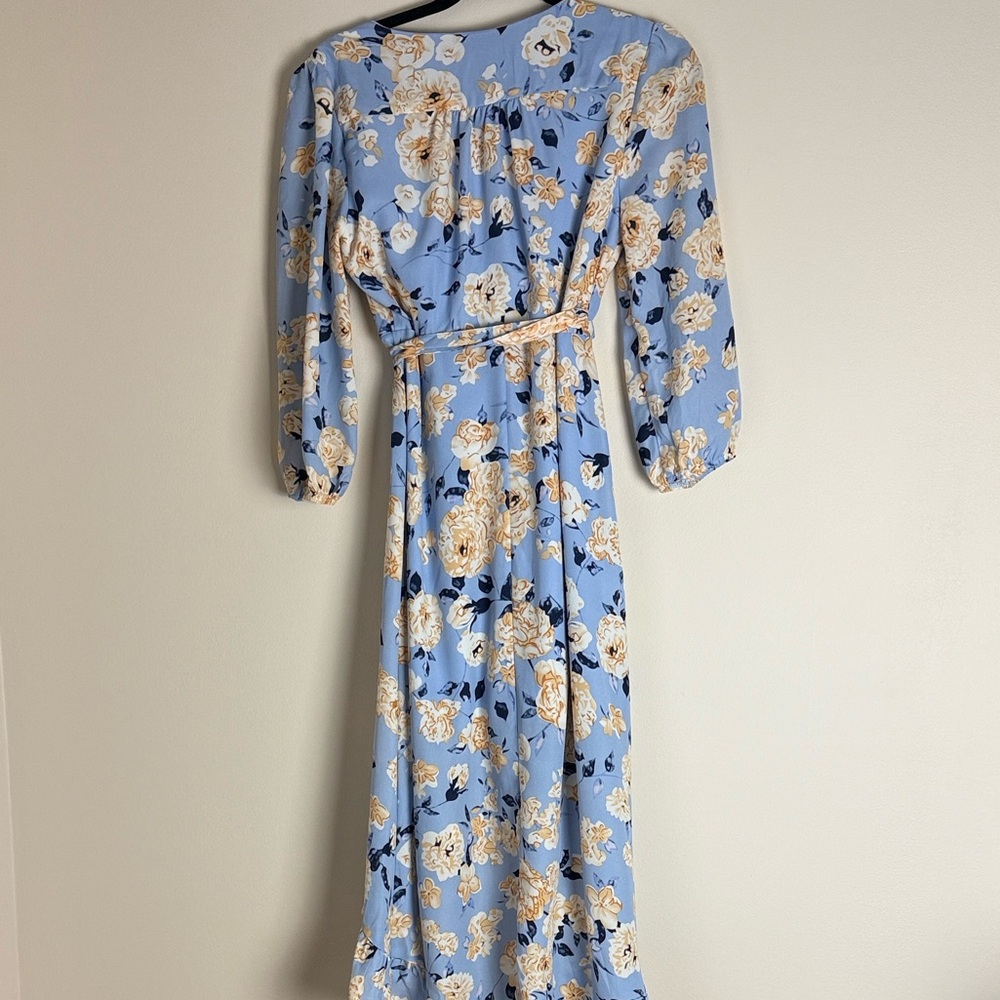 Mi Ami Women's Blue Yellow Floral Wrap Hi Low Midi Dress Size M - Picture 7 of 14